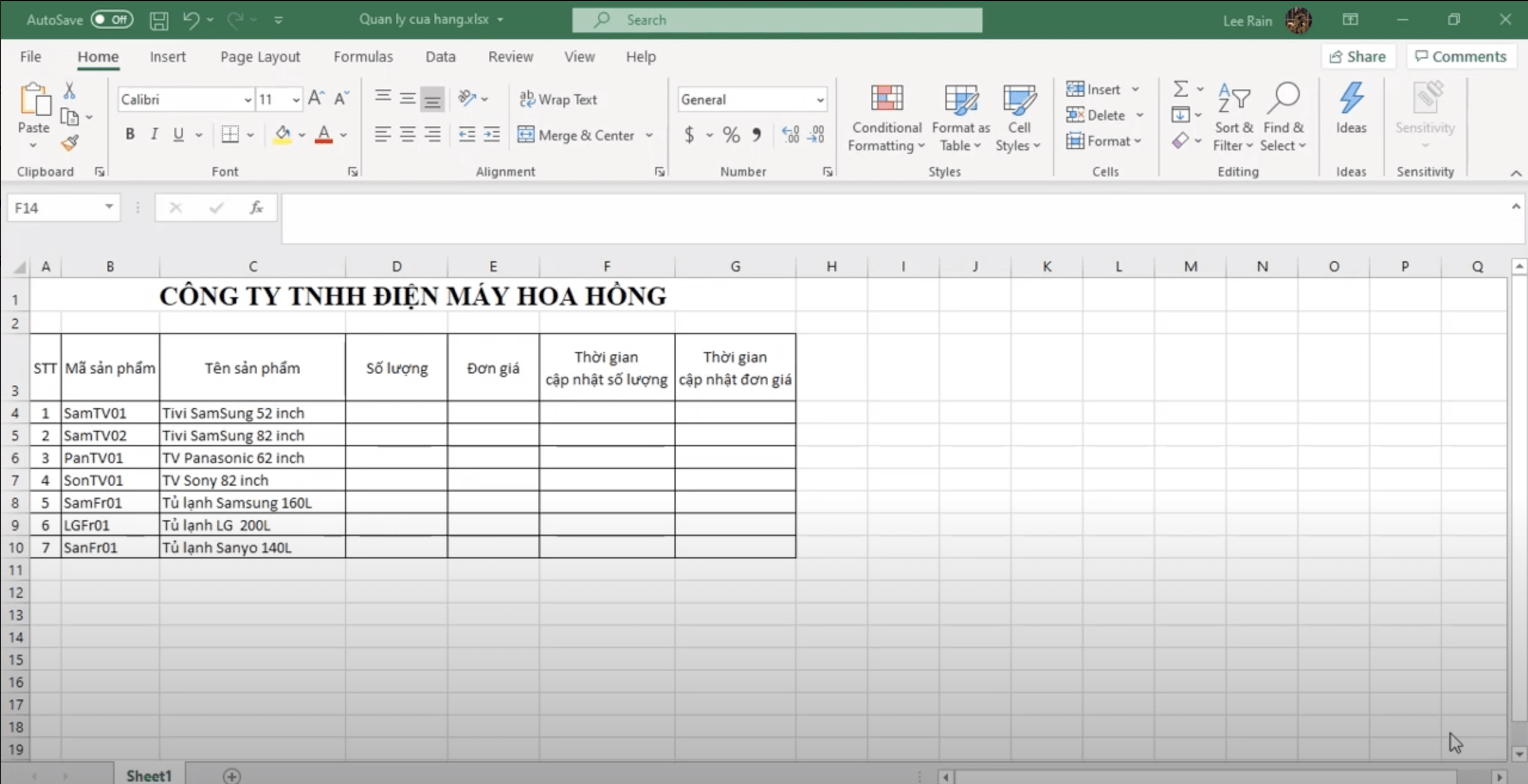 Cập nhật thời gian nhập số liệu trong Excel